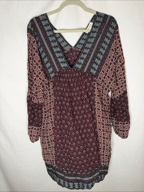Umgee Boho V‑Neck Patterned Women's Dress in Burgundy and Navy